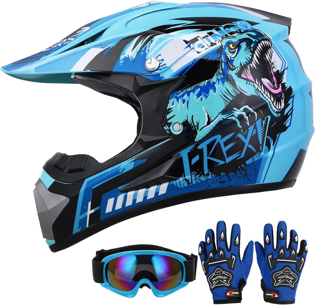 OUMURS Youth Dirt Bike Helmet DOT Approved, Kids Full Face Motocross Helmet | 5-in-1 with Goggles,Gloves,Storage Bag,Exclusive Design,Ultra-Light, Washable Liner,ATV UTV BMX MX Off-Road Racing, Medium, Dino Blue