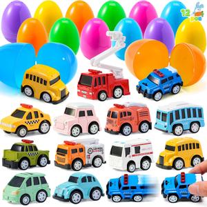JOYIN 12 Pcs Prefilled Easter Eggs with Toys, Plastic Eggs with Cute Pull Back Cars, Easter Basket Stuffers, Party Favors for Kids, Classroom Prize Supplies