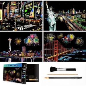 Scratch & Sketch Art for Teens & Adults - 4 Sheets Scratch Cards & Drawing Pen, Clean Brush, Rainbow Painting Night View Scratchboard (A4), Art & Craft (USA)