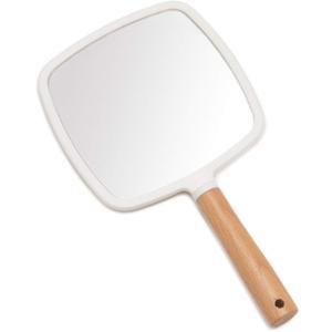 YEAKE Hand Held Mirror with Handle for Makeup,Small Cute Wood Hand Mirror for Shaving with Hole Hanging Single-Sided Portable Travel Vanity Mirror for Men&Women(Square) (9.8"L x 5.5"W)