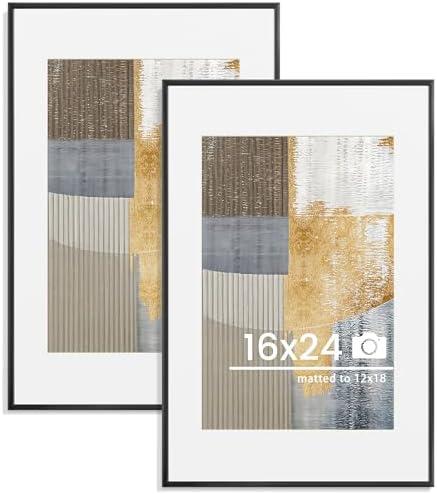 16x24 inch Metal Poster Frame - 16 x 24 Thin Aluminum Picture Frames Matted for 12x18 Photos, Artworks, Prints, Puzzle - High Definition Plexiglass - Vertical and Horizontal Display - Wall Hook Hanging Hardware Included - Black, Set of 2