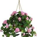 Nearly Natural 6609-PK 24in. Geranium Hanging Basket Silk Plant,Pink