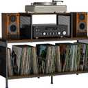 Spacious Vintage Record Player Table - Holds 150-250 Vinyl Albums, Adjustable Dividers, Side Display Areas - Ideal for Living Room, Bedroom, Office