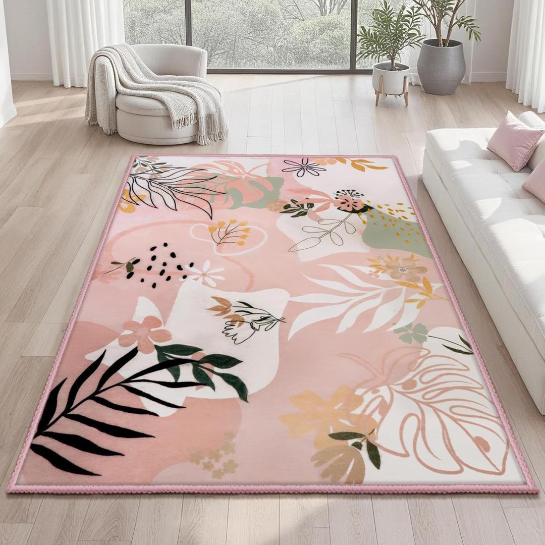 Joiedomi 5x7 Area Rugs for Living Room Non-Slip Washable Rug with Rubber Backing Large Soft Art Floral Carpet for Bedroom Kids Nursery Dining Room (Pink)