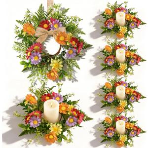 6 Pcs Mini Flowers Wreaths for Candle Ring with Orange Red Purple Yellow Daisy Floral Artificial Spring Summer Small Candle Holder Wreath for Home Kitchen Table Centerpieces Farmhouse Front Door Porch (Colorful Daisies)