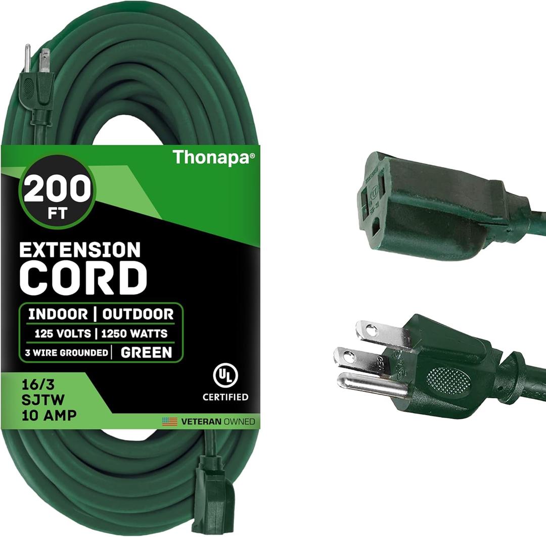 Green Outdoor Extension Cord 200 FT- 16/3 SJTW Weatherproof Extra Long Extension Cable with 3 Prong Grounded Plug - Great for Outdoor Lights Decoration, Landscaping, Lawn & Gardens