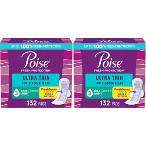 Poise Ultra Thin Incontinence & Postpartum Pads with Wings for Bladder Leaks, 3 Drop Light Absorbency, Regular Length, 132 Count (Pack of 2)