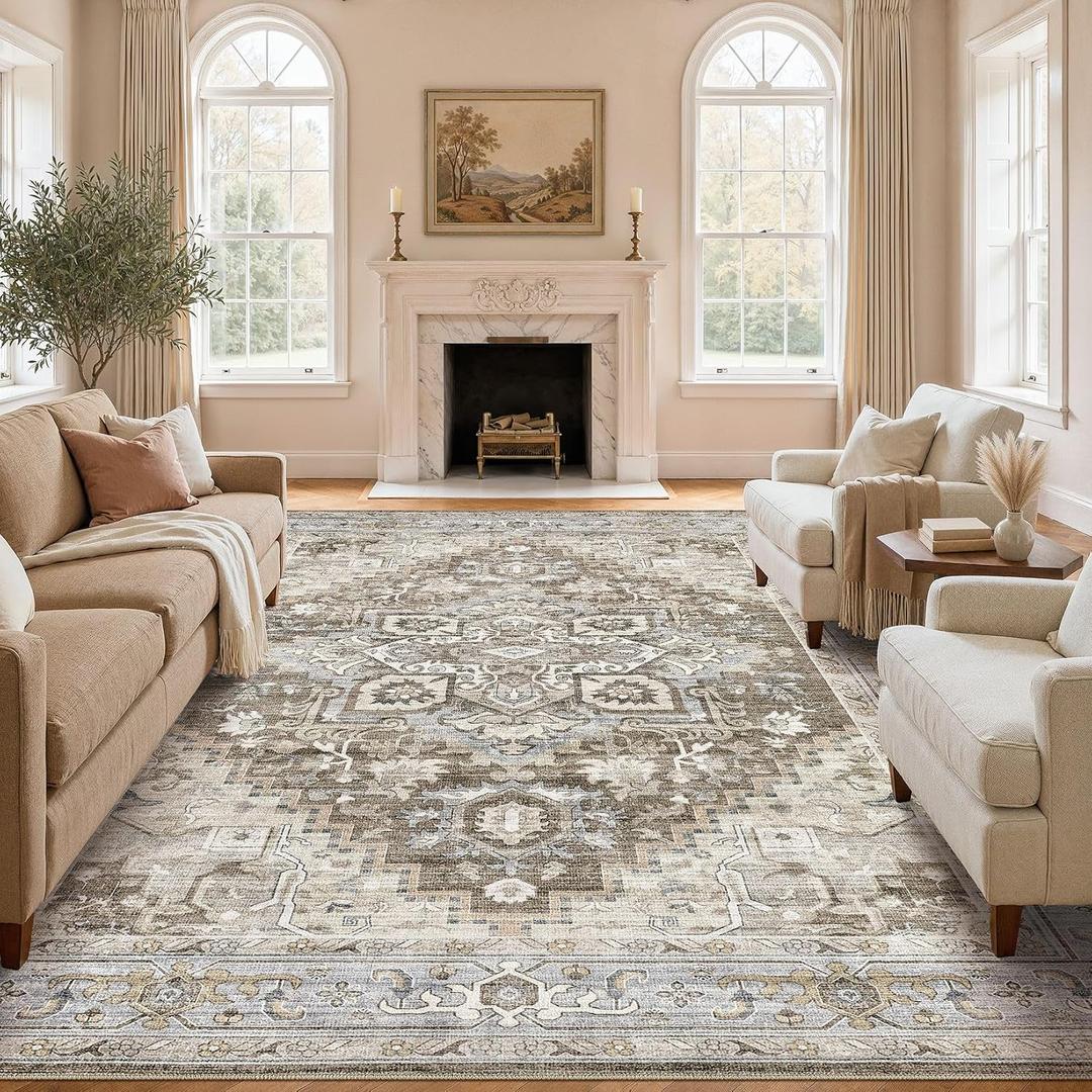 Washable Rug 9x12 Area Rugs: Boho Vintage Distressed Oriental Medallion Neutral Thin Large Rug Carpet for Living Room Bedroom Dining Room Home Office Decor - Brown Gray