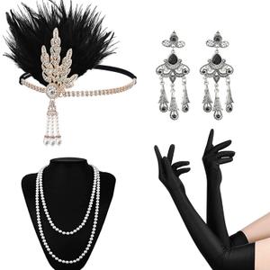 1920s Gatsby Costume Accessories Set, Vintage Flapper Feather Headpiece Roaring 20's Accessories for Women