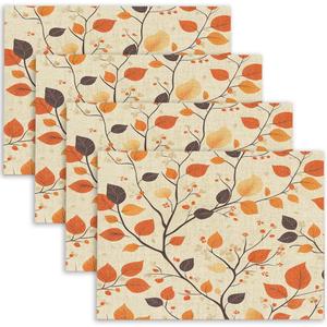 EMMTEEY Fall Placemats Set of 4,18X12 Inch Orange Autumn Leaf Placemats Linen Disposable Table Mats Washable for Kitchen Dining Table Dcor (Maple Leaves-5)