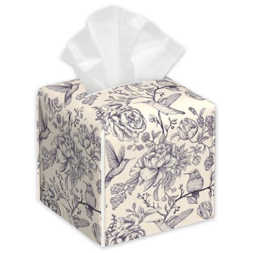 Vintage Flowers Tissue Box Cover,Birds PU Leather Tissue Box Holder Square,Modern Home Decoration for Bathroom Living Room Kitchen Office Car,5.2"×5.2"×5.2"