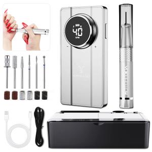 40000 RPM Professional Nail Drill, Stand Base Portable Electric Nail File Efile Drill for Acrylic Gel Nails Silver