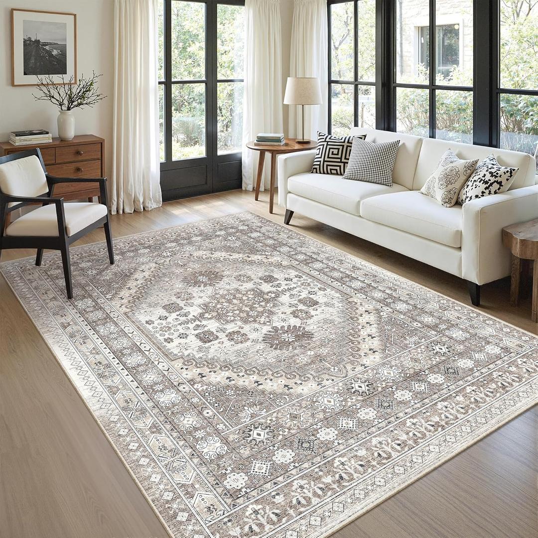 zesthome 5x7 Area Rugs - Ultra-Thin Washble Rug, Stain Resistant Anti Slip Backing Rugs for Living Room,Bedroom, Vintage Home Decor Area Rug (Brown/Beige,5'x7')