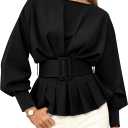 Burtell Boat Neck Long Sleeve Shirts Tops For Women Slim Fit Crew Neck Ruffle Pullover Sweatshirt Fall Peplum Tops with Belt (Black, M)