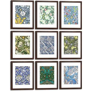 11x14 Picture Frame Set of 9 with HD plexiglass cover for Pictures 8x10 with Mat or 11x14 Without Mat, Wall or Tabletop Gallery Photo Frames Walnut, 8x8