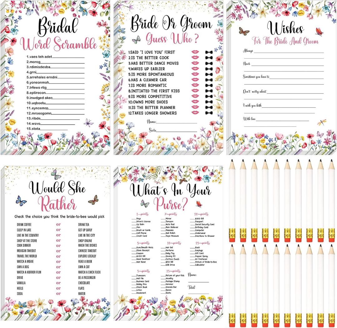 Telling 145 Pieces Bridal Shower Game Bridal Shower Favors Set Wedding Games Cards and Pencils for Bride Groom Bachelorette Party Wedding Party Favor(Wildflower Floral)