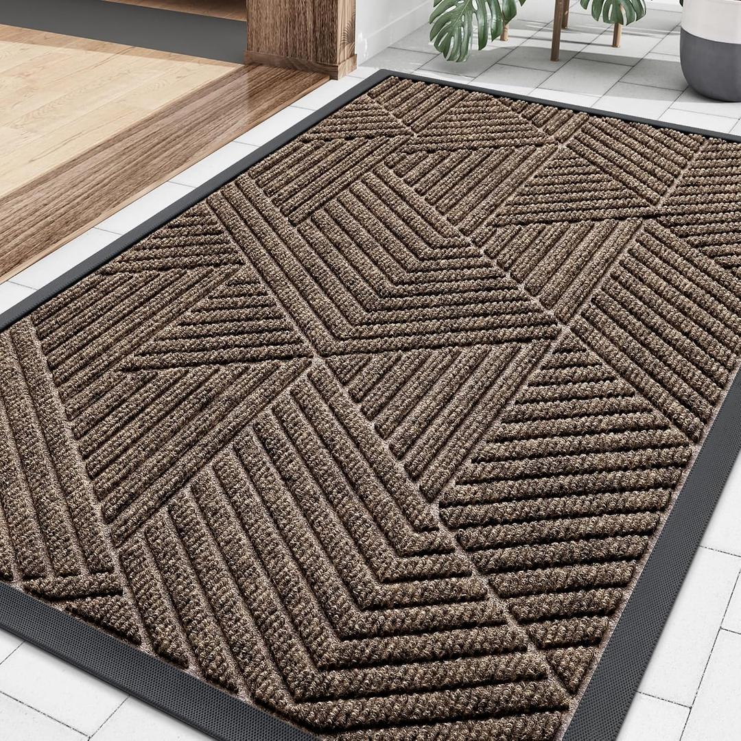 Smiry Front Door Mat Outside Entrance, Heavy Duty Sturdy Natural Rubber Doormat, Trap Dirt and Moisture, Easy Clean Low Profile Mats for Indoor Outdoor Entry, Irregular Triangle (33x21, Brown)
