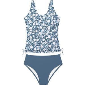 Qaoerde Girls Swimsuit Two Piece Girls Tankini Swimsuit Drawstring Printed Bathing Suit Ruched Swimwear Set (13-14 Years, Dark Blue Floral)