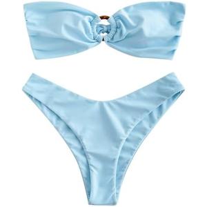 ZAFUL Women's Bandeau Bikini O Ring Strapless Tie Back High Cut Two Piece Swimsuit Bathing Suits M