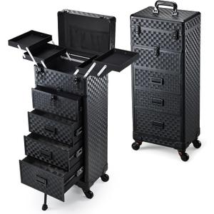 Stagiant Rolling Makeup Case with Drawers Cosmetology Case on Wheels 5 IN 1 Makeup Case 4 Drawers with Foot Stand Spring-release Mechanism Rolling Make Up Organizer for Artist Salon Nail Teach Trunk