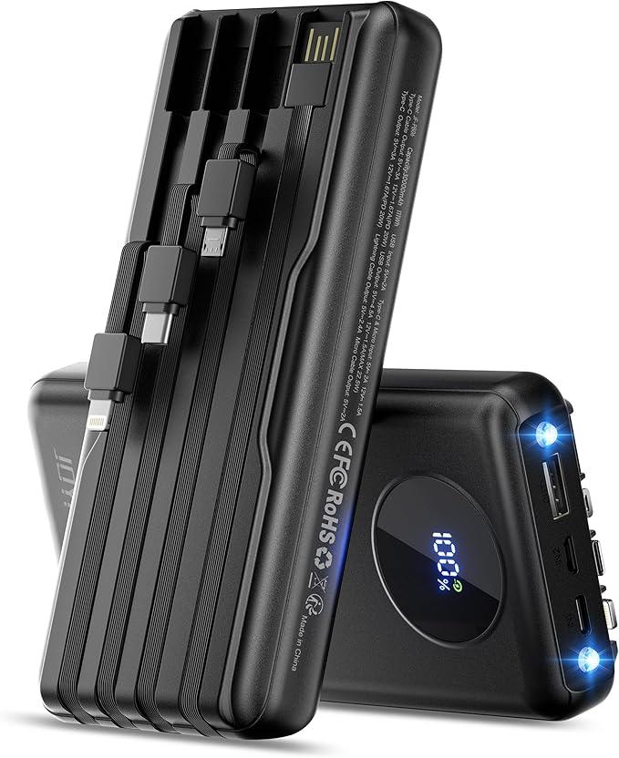 JOYFAR Portable-Charger-Power-Bank Travel Essentials Battery Pack USB C 30000mAh Built in Cable 22.5W Phone Fast Charging Powerbank Compatible with iPhone 16 15 14 13 12 11 iPad Samsung Google (Black)