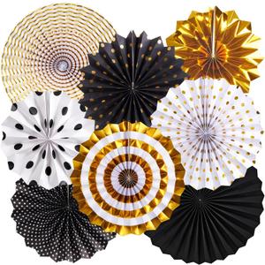 Black and Gold Decorations, Hanging Honeycomb Paper Pompoms Fan for Graduation Birthday Wedding Photo Backdrop Prom Night New Years Black and Gold Party Decorations, Set of 8