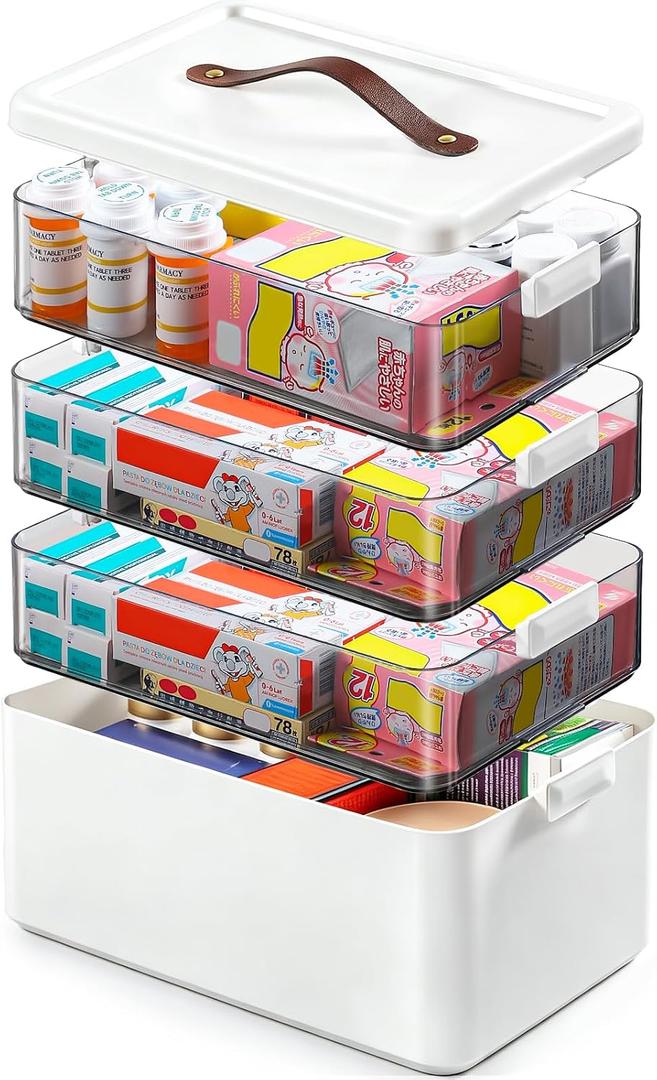 Homaigie Extra Tall 4-Tier Medicine Cabinet Organizer for Upright Medicine Bottles Organizer, Portable Medicine Storage Box with Leather Handle, Empty First Aid Kit Container for Home, Travel