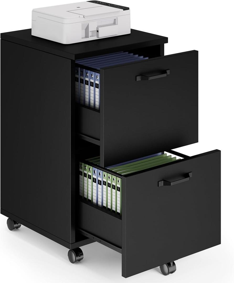 Sweetcrispy 2 Drawer Filing Cabinet Black, Rolling Wood File Cabinets with Printer Stand Under Desk Storage Lockable Wheels, Home Office Organizer