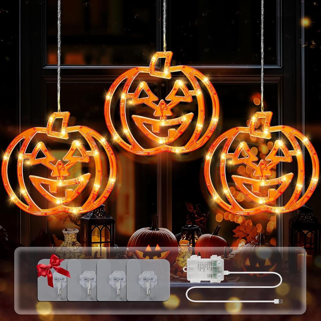 Halloween Window Lights, 48 LED 3 Orange Pumpkin Halloween Lights with Timer, 8 Modes Waterproof USB and Battery Operated Hanging Light for Outdoor Indoor Patio Party Home Decorations