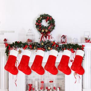 CCINEE Christmas Red Stockings,6 Pack 18 Inches Large Stockings with Plush Cuff,Classic Christmas Stockings Decorations for Xmas Party Favor Gifts Fireplace Decor