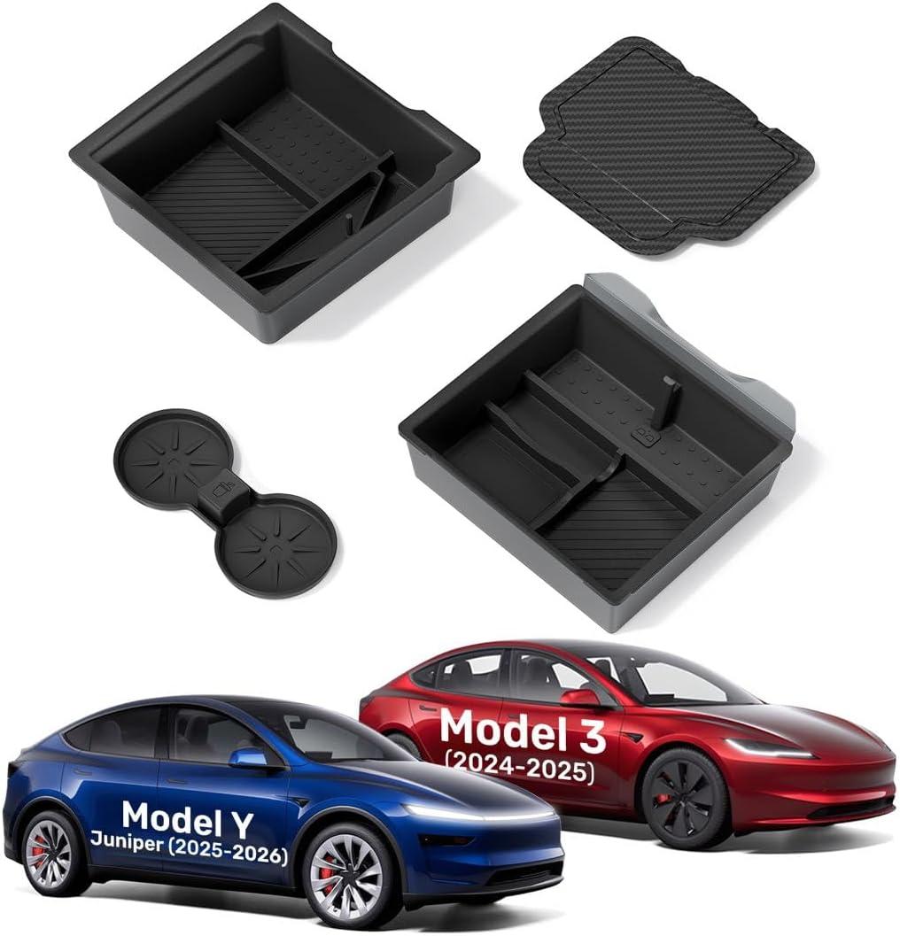 Zanch Tesla New Model Y Juniper & Model 3 Center Console Organizer [Noise-Free, Slide Smoothly] Double Layer Storage Space - Model 3 (2024~2026)/Model Y Juniper Accessories, 4PCS