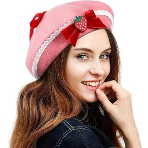 VALICLUD Women Bow Beret Wool Hat Warm Breathable Fashionable Decorative Sweet Bowknot Berets for Outdoor Parties and Casual Wear (Pink)
