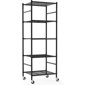 Storage Shelves Organizer - 5 Tier Metal Shelf Organizer with Metal Wheels and Adjustable Leveling Feet, Heavy Duty Garage Shelving for Kitchen, Pantry and Closet, 18.1"x12.6"x58.7", Black