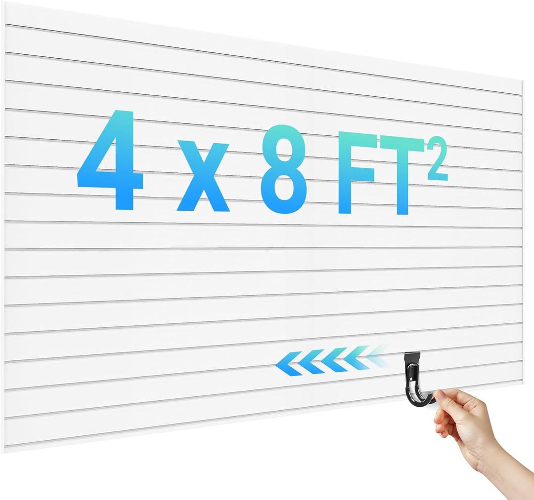 Ezlaino Slat Wall 4 FT x 8 FT, PVC Slat Wall Paneling, Upgraded & Thickened for Long-Lasting Durability, Easy to Install, Compatible with Most Hooks, Ideal for Garage Storage & Decoration, White