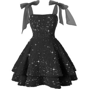 Miao Duo Women's Sparkly Sequin Christmas Dresses with Bow for Teens Short Spaghetti Strap Cocktail Prom Evening Dress for Juniors Black 00