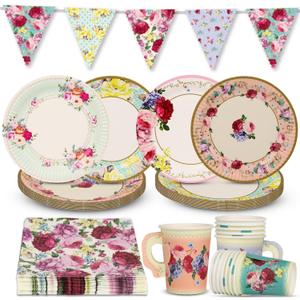 Talking Tables 50pcs Floral Afternoon Tea Party Decorations Tea Party Set Pretty Paper Plates Floral Napkins Tea cups Bunting for Birthday Mother's Day Bridal Shower Baby Shower for 16 Guests