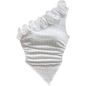 Floerns Women's Plus Size One Shoulder Ruffle Trim Tank Top Textured Asymmetrical Going Out Tops (White, XL)