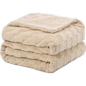 Pawque Super Soft Cozy Throw Blanket for Couch Sofa Bed - Fluffy Sherpa Fleece Reversible Thick Warm Fuzzy Blanket for All-Season, 3D Checkered Jacquard Elegant Decorative Blankets, Khaki, 50" x 60"