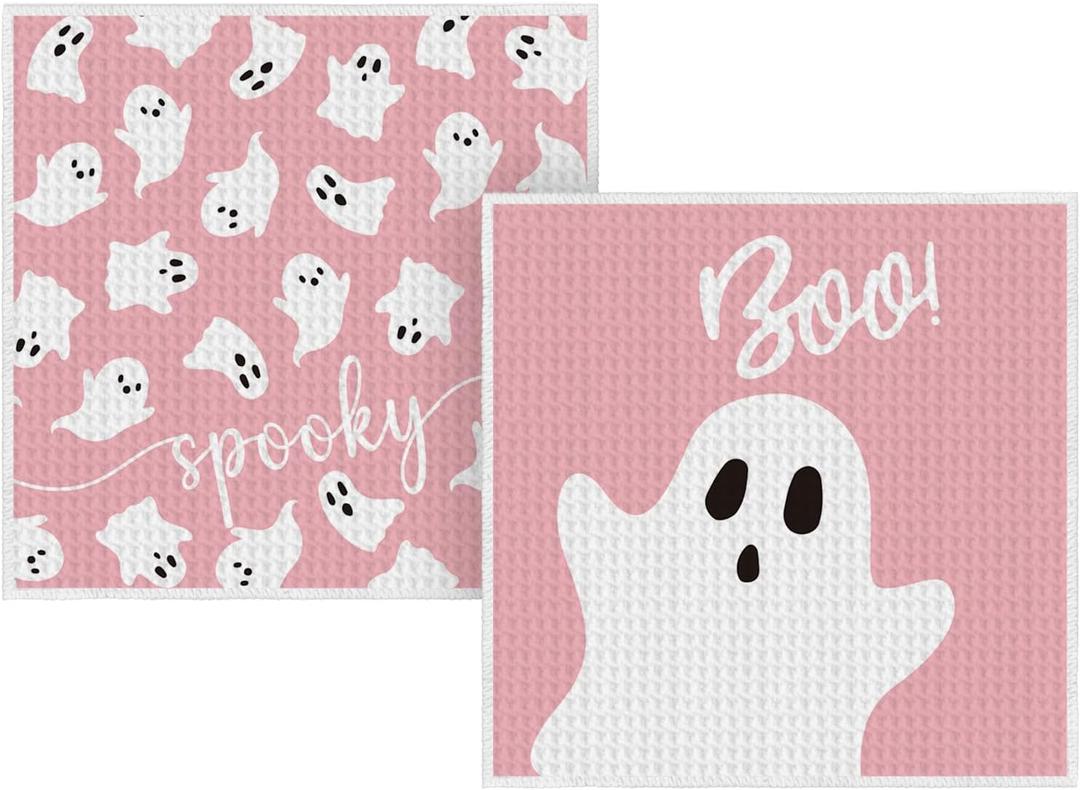 2 x Artoid Mode Pink Ghost Spooky Boo Halloween Kitchen Dish Cloths, 12x12 Inch Quick Dry Microfiber Dishcloths for Kitchen Premium Dish Rags Set of 2