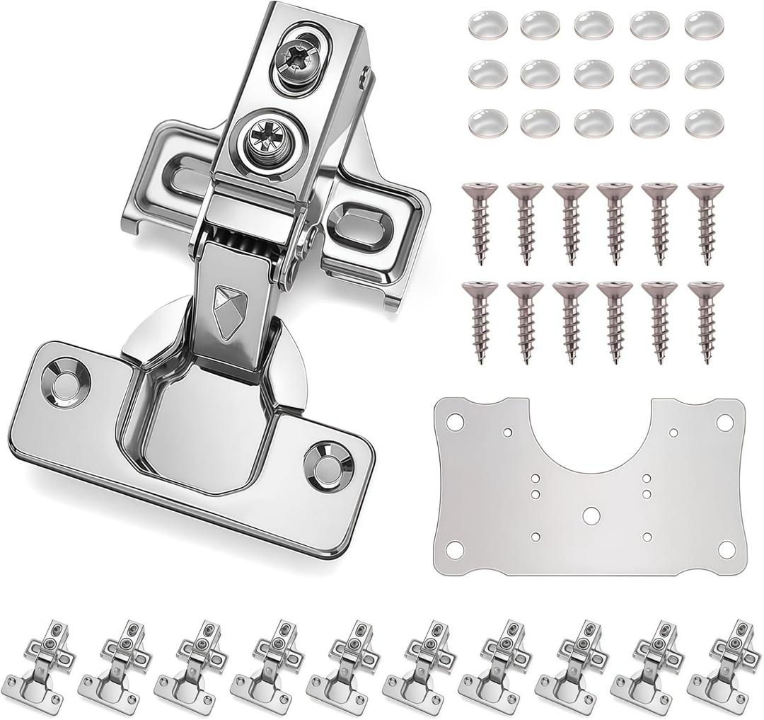Cabinet Hinges - 10 Pack for 1/2 inch Overlay Cabinet, Face Frame Concealed 106Deg Self Closing Hinges, Stainless Soft Close Cabinet Door Hinges with Mounting Screws and Repair Plate