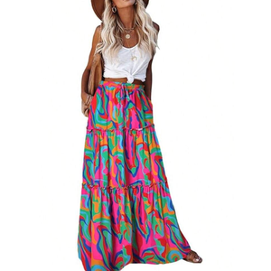 Womens Casual High Waist Tie Paisley Print Long Maxi Skirt With Pockets, Large