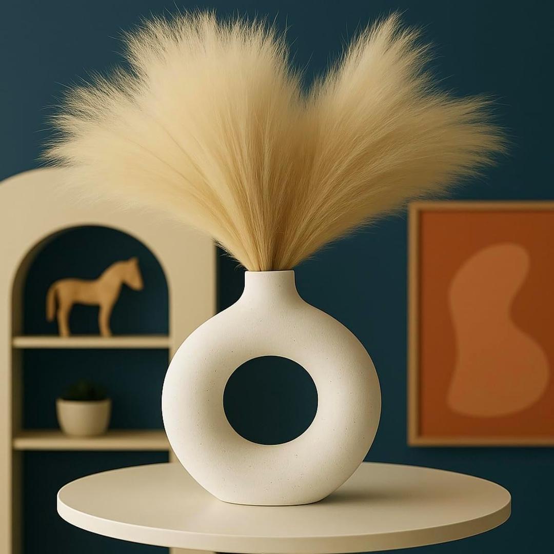 Modern White Ceramic Vase - 7.5 Inch Tall - Ceramic Flower Vase. Home Decor, Centerpiece, Coffee Table, Living Room, Flowers, Entryway, Bookshelf 