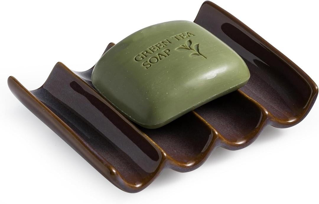 Ceramic Bar Soap Dish and Savers for Bathroom, Shower and Kitchen, Japanese Self Drain Soap Holder, Purple (Fluted)