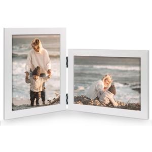 Vertical Horizontal Combo, Double 4x6 White Wood Foldable Picture Frame, Opening 3.5x5.5, Stand on Desk-top, Portrait and Landscape View