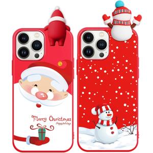 2 Pack Cute Christmas Case for iPhone 15 Pro,Red 3D Doll Santa Snowman Merry Christmas Pattern Soft Silicone TPU Pretty Flexible Protective Funda for Kid Girls Women