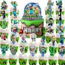 38 Pcs Birthday Party Decorations, Pixel Styled Gamer Party Supplies Include Happy Birthday Banner, Balloons, Cake Toppers, Cartoon Party Celebrate Supplies