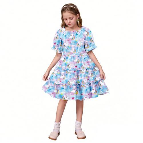 LQSZ Girls Summer Smocked Dress Short Sleeve Ruffle Dresses Casual Printed A-line Sundress for Toddler 12 Years