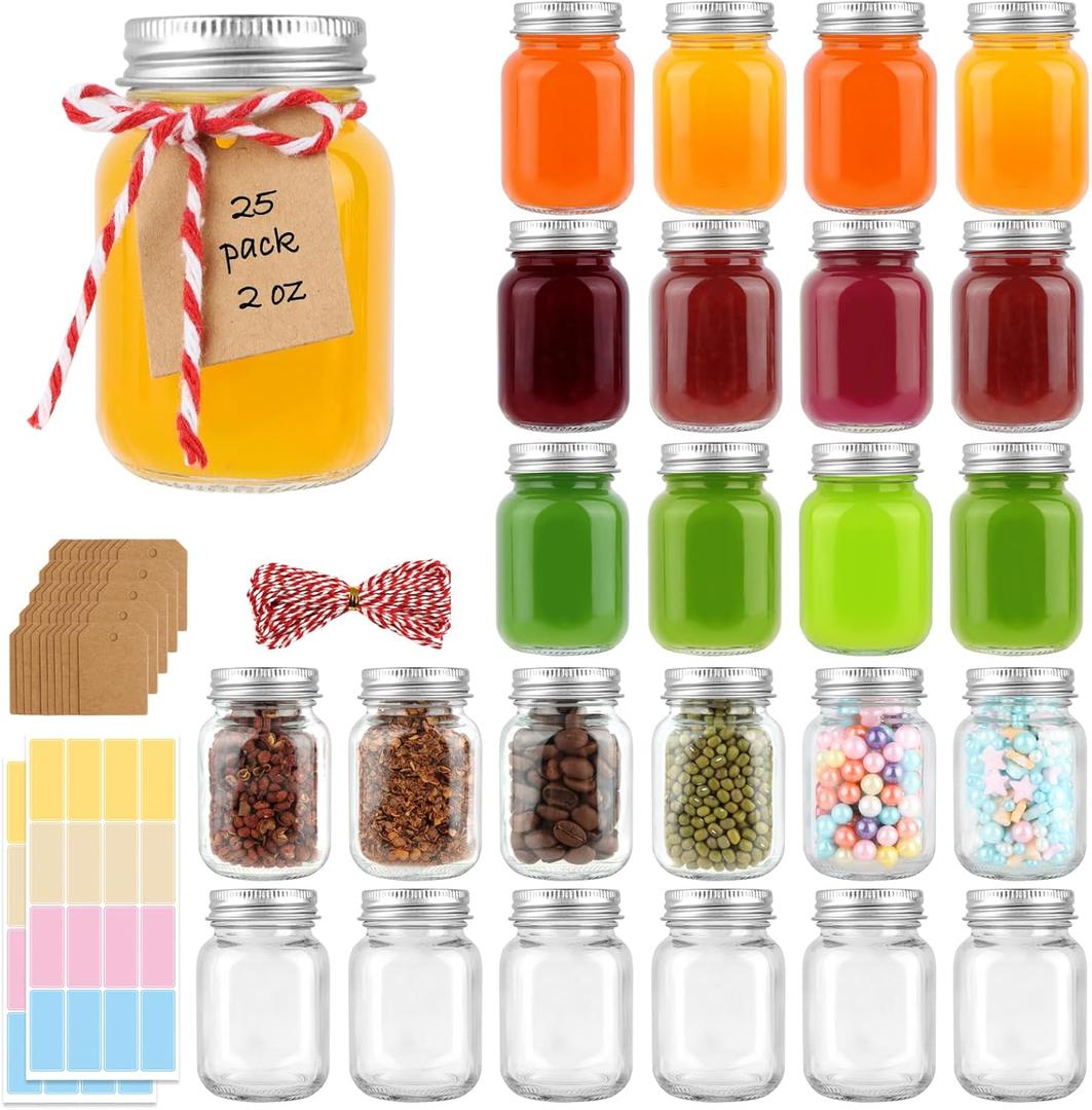 25 Pack 2 oz Mason Jars with Silver Lids, Mini Glass Jar for Ginger Shots, Small Juice Shot Container for Beverage Storage Candle Gifts Honey Jam Spices Wedding Party Favors
