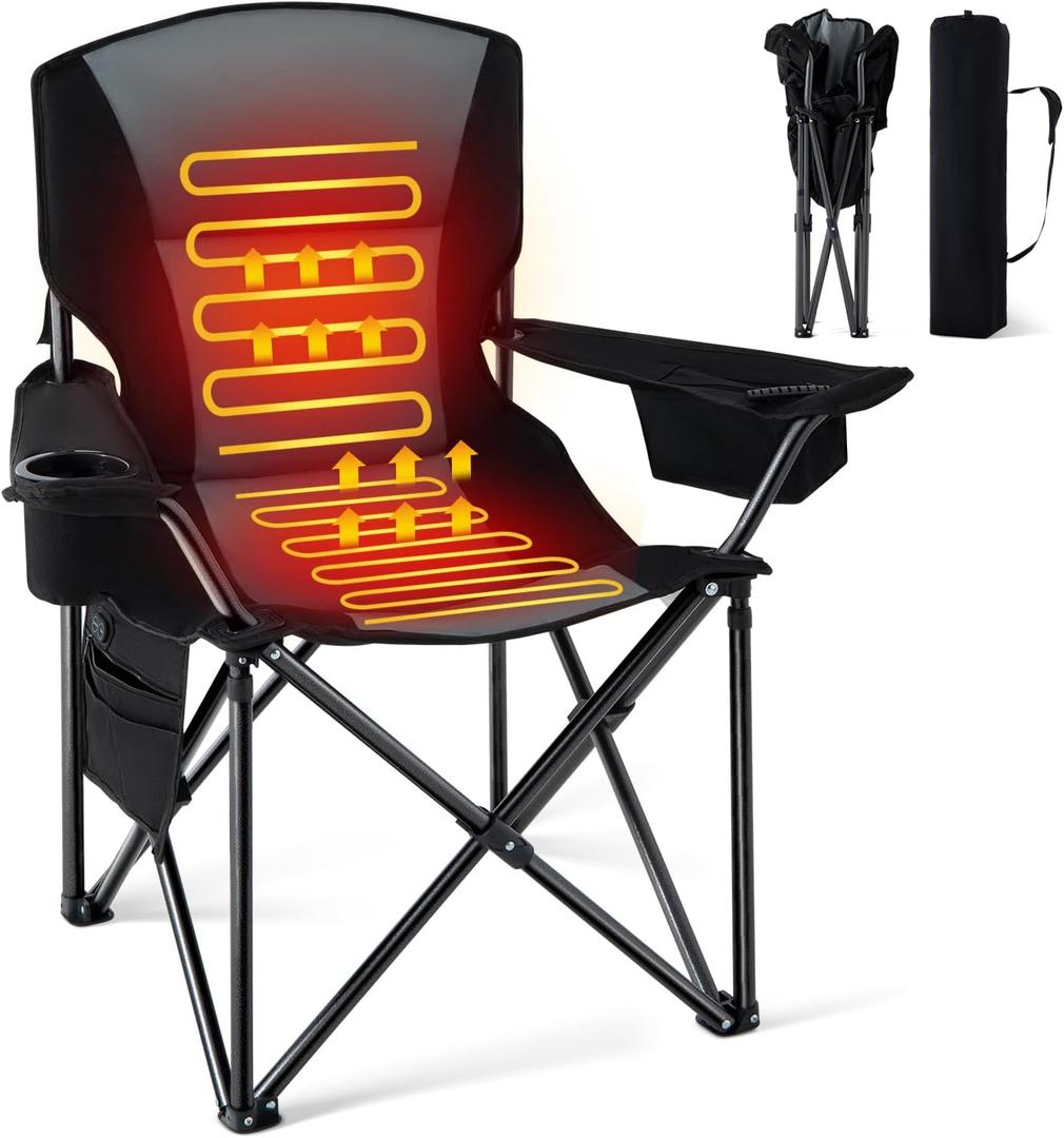 Homcosan Oversized Heated Camping Chair for Adults Without Power Bank, Portable Outdoor Chairs with 3 Heat Levels, Foldable Lawn Chairs Perfect for Camping, Picnics, Fishing (Grey) (1 PC)