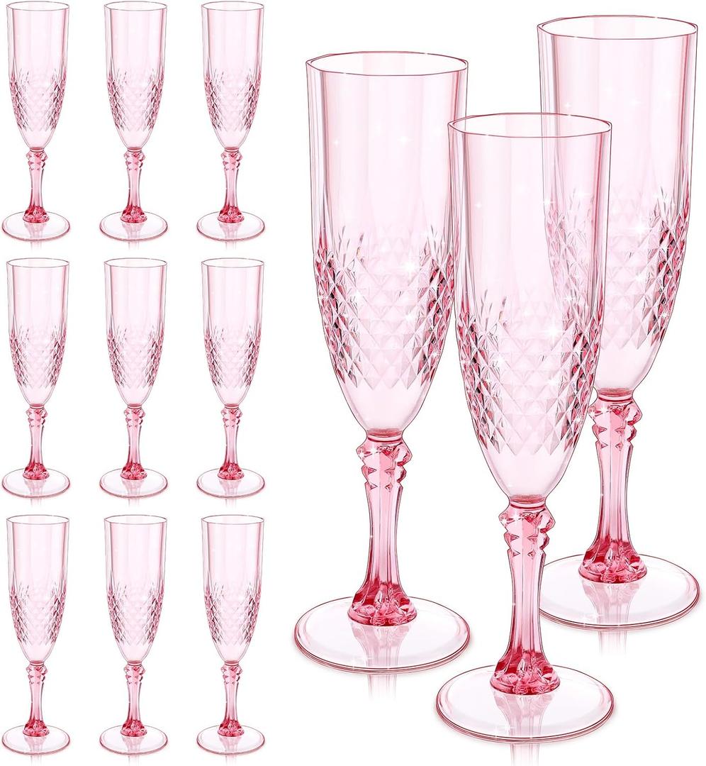 Dualshine 12 Pcs Champagne Flutes Plastic, Pink Wine Glasses, Plastic Goblets, Reusable Champagne Flute for Wedding, Hotel, Bar, Bachelor PartiesPink